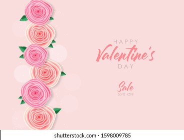 Happy Valentine's Day, realistic rose, pink banner, love card, wedding invitation, paper flower, sale background vector  illustration