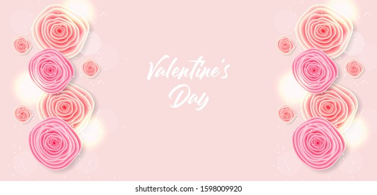 Happy Valentine's Day, realistic rose, pink banner, love card, wedding invitation, paper flower, sale background vector  illustration