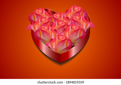 Happy Valentine's Day. Realistic roses in a box located on a red background. Vector illustration, greeting card for the holiday.