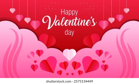 Happy valentines day rectangle background design of with pink and red gradient heart shapes. Happy valentines day greeting.  valentines day calligraphy text on the background for banner, greeting card