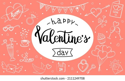 Happy Valentine's Day rectangular  banner with hand drawn elements and lettering. Vector illustration