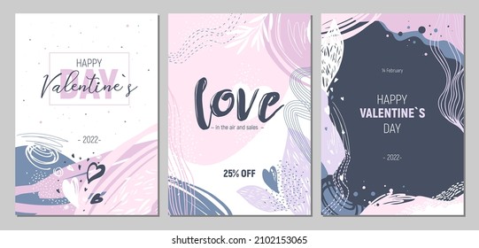 Happy Valentine's Day rectangular greeting cards on February 14th.Trendy abstract art templates. Sale and discount banners set. For social media publishing, mobile applications, printing, banner desig