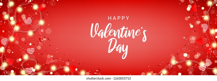 Happy Valentine's Day red banner. Vector illustration with top view on paper garlands and glowing garlands with hearts on red background. Holiday greeting card.