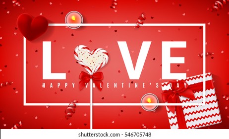 Happy Valentine's Day red banner. Top view on composition with lollipop, gift box, case for ring, candles and confetti. Candy in the form of heart isolated on red backdrop. Vector illustration. 