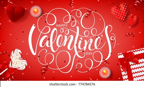 Happy Valentine's Day Red Banner. Top view on composition with lollipop, gift box, case for ring, candles and confetti. Vector illustration with Lettering.