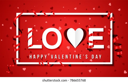 Happy Valentine's Day red banner with paper heart. Vector illustration. 