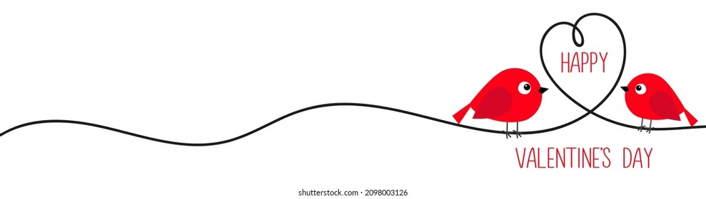 Happy Valentines Day. Red bird and heart. One line hand draw doodle. Continuous line art. Black hearts. Decoration element. Love romantic sign symbol. Falt design. White background. Isolated. Vector