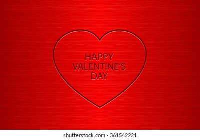 Happy Valentines Day red brushed metal background. Red heart shape etching. Engraving greeting card