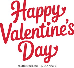 Happy Valentine's Day Red Calligraphy Script Lettering with Hearts Isolated on White