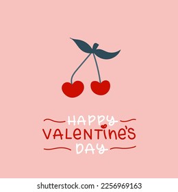 Happy Valentine's Day. Red cherry and lettering. Hand drawn doodle. Vector illustration, flat design