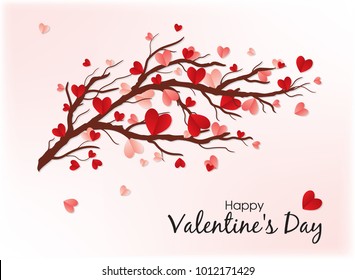 Happy Valentine's Day. Red elements hanging on the branch for  invitation or poster. Festive tree with paper heart shaped leaves. Promo greeting card with pink background.