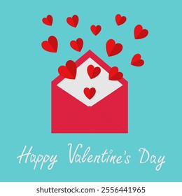 Happy Valentines Day. Red envelope with flying red paper hearts. Open letter. Love greeting card. Cute decoration element. Childish style. Flat design. Isolated. Blue background. Vector illustration