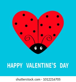 Happy Valentines Day. Red flying lady bug insect in shape of heart. Black dot pattern. Cute cartoonfunny kawaii baby character. Love greeting card. Blue background. Flat design. Vector illustration