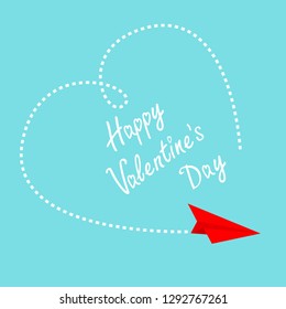 Happy Valentines Day. Red flying origami paper plane. Love card. Big dash heart in the sky. Flat design. Blue background. Isolated. Vector illustration