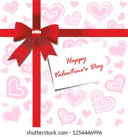  Happy Valentines Day. Red gift bow and ribbon.  Gift box. Detailed decoration elements for Valentine’s Day. Closeup Vector illustration 3d top view. Festive package.  Eps 10