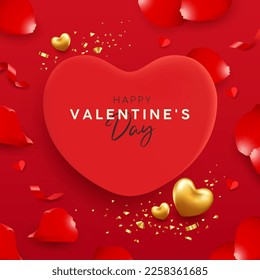Happy Valentine's day red and gold heart with rose petals design on red background, EPS10 Vector illustration.

