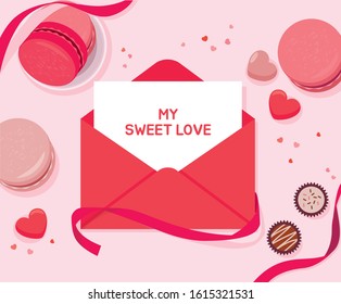 Happy Valentines day red greeting card, pink and beige macaroons, heart, confetti, chocolates on pastel pink background. Flat lay top view composition.