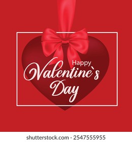 Happy Valentines Day red greeting card. Red Valentines Day heart with ribbon bow and festive greeting on a vibrant background. Design for celebration and season decoration, promotion, banner, cover.