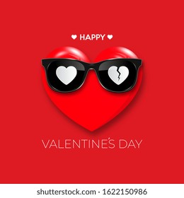 Happy Valentine's Day. Red heart in black hipster glasses. Vector illustration.