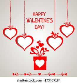 Happy Valentine's day! Red Heart frame. Celebration background with hearts, gift box and place for your text. Vector illustration 