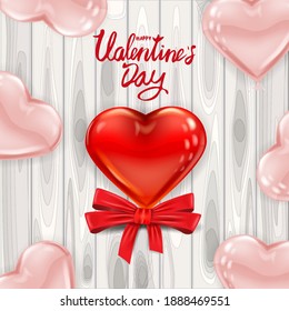 Happy Valentines Day red heart shape glossy balloon realistic, lettering, background wood table pink heart ballons, greeting card. Vector banner poster flyer isolated