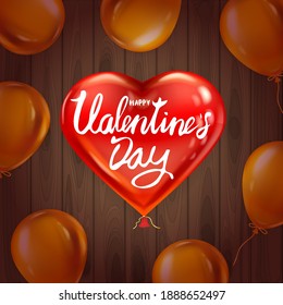 Happy Valentines Day red heart shape glossy balloon realistic, lettering, background wood table golden air ballons, greeting card. Vector banner poster flyer isolated