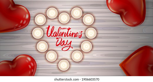 Happy Valentines Day red heart shape glossy balloon realistic, lettering, background wood table pink heart ballons, candles top view, greeting card. Vector banner poster flyer isolated