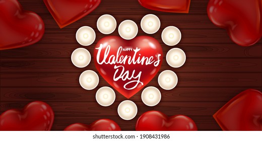 Happy Valentines Day red heart shape glossy balloon realistic, lettering, background wood table red heart ballons, candles top view, greeting card. Vector banner poster flyer isolated