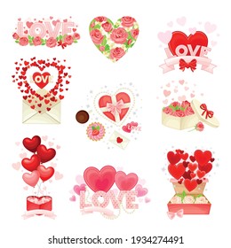 Happy Valentine's Day with Red Heart, Rose Flower and Confectionery Vector Composition Set