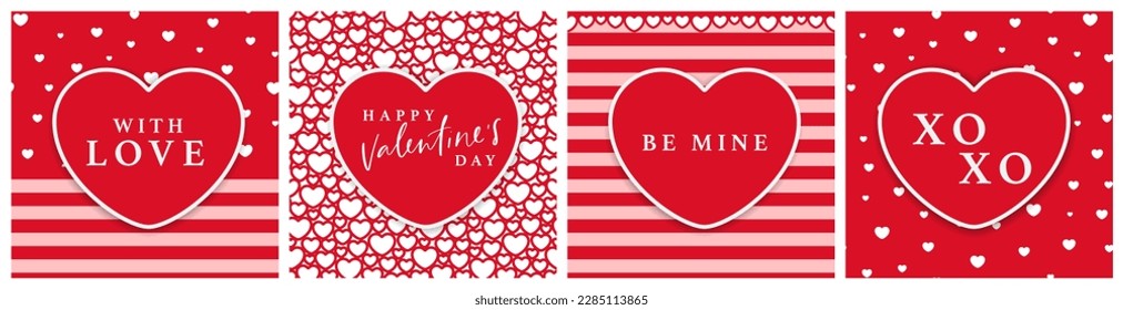 Happy Valentine's day red heart seamless pattern and heart label set. Be mine, with love, xo greeting phrases set for romantic holiday packaging, gift tag, bag and wrapping print.