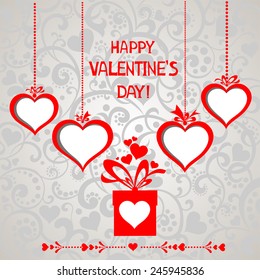 Happy Valentine's day! Red Heart frame. Celebration background with hearts, gift box and place for your text. Vector illustration 