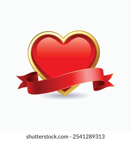 happy valentine's day red heart with golden border and ribbon wrapping vector illustration design
