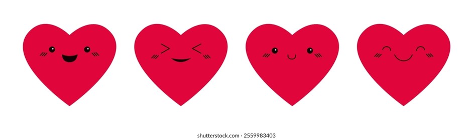 Happy Valentines Day. Red heart emoji icon set line. Hearts with eyes. Smiling happy face. Cute kawaii cartoon funny character. Love sign symbol. Greeting card. Flat design. White background. Vector