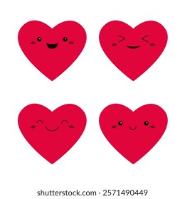 Happy Valentines Day. Red heart emoji icon set. Hearts with eyes. Smiling happy face head. Cute kawaii cartoon funny character. Love sign symbol. Greeting card. Flat design. White background. Vector