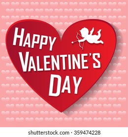 Happy Valentine's day red heart, text and cupid on pink background vector illustration.
