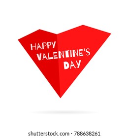 Happy Valentines Day red heart, shadow and tagline. Celebrate isolated emblem on white background. Vector illustration. Modern design romantic print. Creative sign for postcard, web, banner, print.