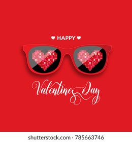 Happy Valentine's Day. Red hipster glasses with pixel hearts. Vector illustration.