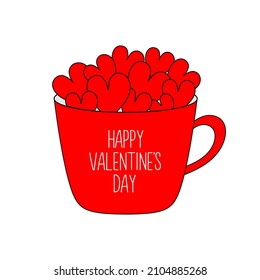 Happy Valentines Day. Red mug cup full of heart set. Love teacup with hearts. Coffee, tea, hot chocolate, cocoa drink. Greeting card template. White background. Isolated. Vector illustration