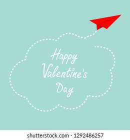 Happy Valentines day. Red origami paper plane. Dash cloud in the sky. Love card. Blue background. Isolated. Vector illustration