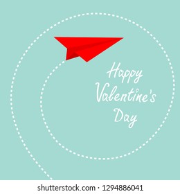 Happy Valentines Day. Red origami paper plane. Dash spiral in the sky. Love card. Flat design. Blue background. Isolated. Vector illustration