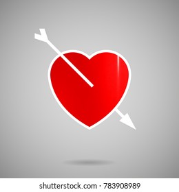 Happy Valentines Day red pierced heart and arrow icon. Love romantic metallic emblem with realistic shadow, stroke. Vector illustration. Holiday greeting button for application, poster, print, web.