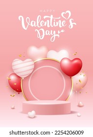 Happy Valentine's Day, red and pink balloons heart on podium, Poster pink background, EPS10 Vector illustration.
