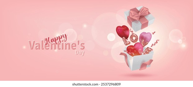 Happy Valentine's Day, red and pink heart balloons and "LOVE" letters flying out of the opened gift