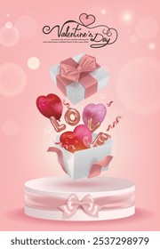 Happy Valentine's Day with red and pink heart shaped balloons and word "love" flying out of opened gifts on display stand