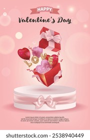 Happy Valentine's Day with red and pink heart shaped balloons and word "love" flying out of opened gifts on display stand