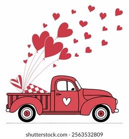 Happy valentine's day Red retro truck. Valentines Day Truck. Vintage pickup delivers hearts. Vector template for Valentine’s Day greeting card, banner, poster, flyer, etc.Vector illustration with whit