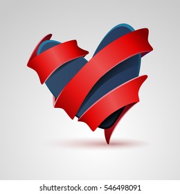 Happy Valentines Day. Red Ribbon Heart. Vector Illustration