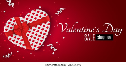 Happy Valentines day red romantic banner for sale. Gift from the heart. Special offer. White gift box with a red bow. Confetti and ribbons. Vector illustration.