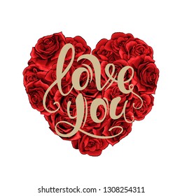 Happy Valentines day red roses heart filled and lettering isolated on white background. Hand drawn design card for holiday invitations, greeting, quotes, blogs, decoration