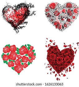 Happy Valentines day red roses heart brush  filled isolated background. Hand drawn design card for holiday invitations, greeting, quotes, blogs, decoration.simple